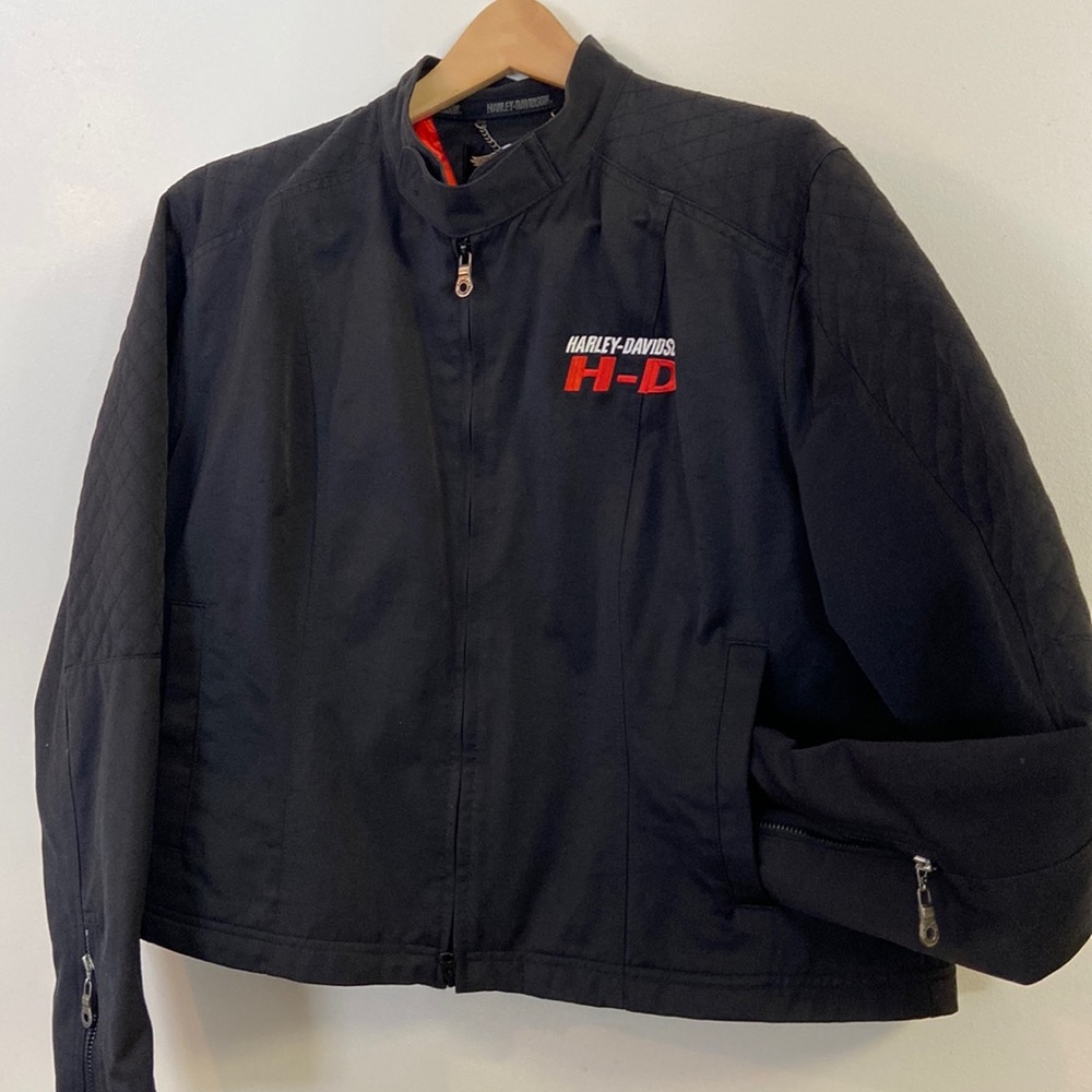 Women’s Harley Davidson Black / Orange Waxed Denim Jacket Size XL